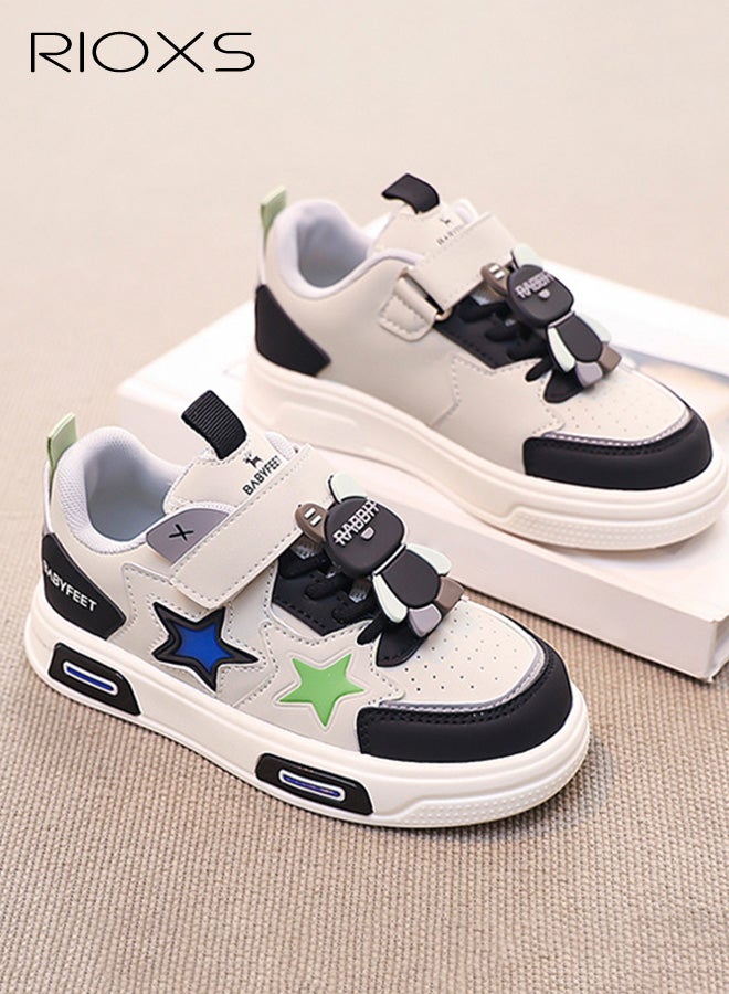RIOXS Kids Casual Sneakers, Boys' Fashion Girls' Shoes, Comfy Breathable Skateboard Sneakers for Boys Girls, Classic Round Toe Athlesiure Shoes, Children's Cute Leisure Sports Shoe with Hook Loop Design and Star Detail, Lightweight Anti-slip Walking Shoes, Stylish Low-Top Tennis Shoes for Toddler Little/Big Kids, Great Gift for Birthday/ Back-to-school/ Admission ceremony/ Daily Reward, Black Trainers Kids Footwear - Image 1