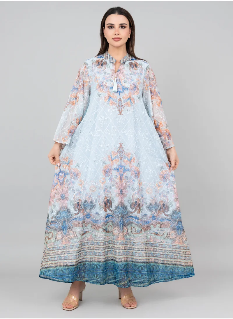 IKKXA Floral Flared Sleeves Printed Jalabiya OMN04 Blue