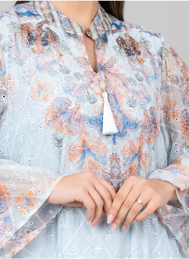 IKKXA Floral Flared Sleeves Printed Jalabiya OMN04 Blue