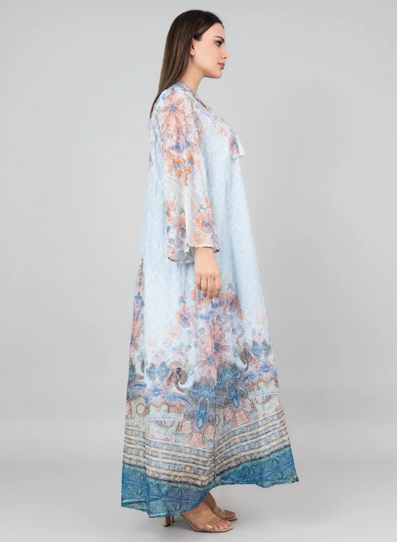 IKKXA Floral Flared Sleeves Printed Jalabiya OMN04 Blue