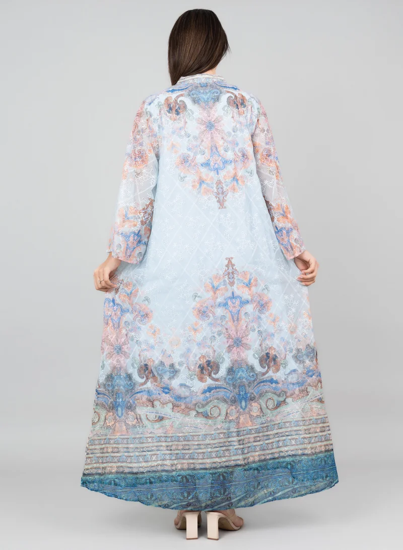 IKKXA Floral Flared Sleeves Printed Jalabiya OMN04 Blue