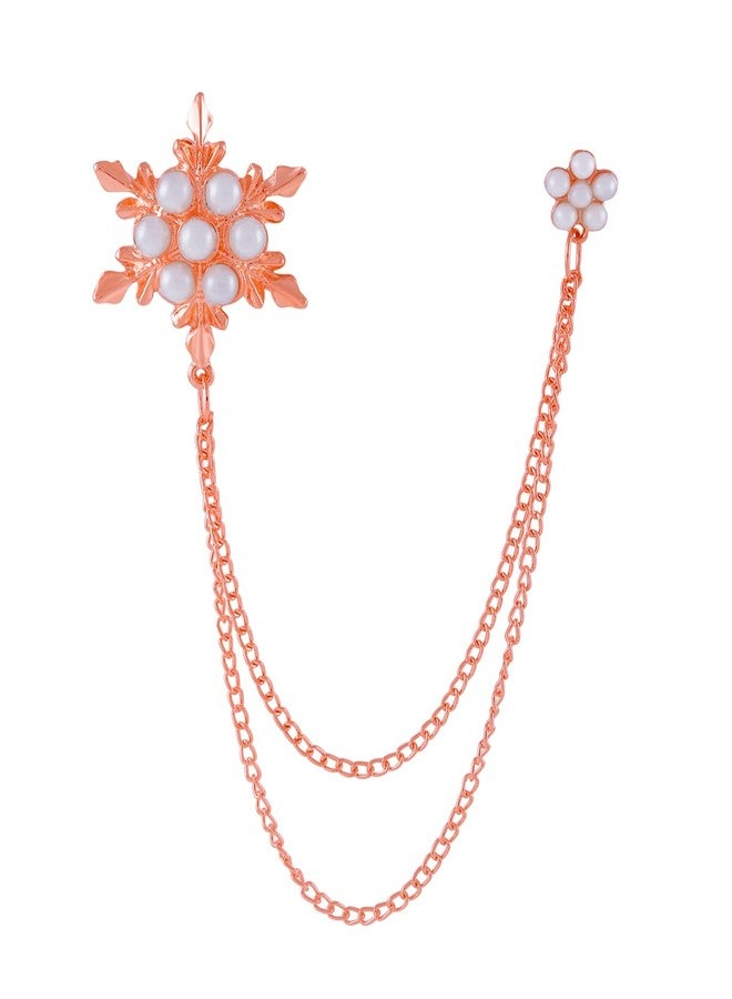 Om Jewells Rose Gold Plated Indo Western Crystal Snow Flakes Design Inspired Lapel Pin Brooch With Hanging Chain Decorated With Pearls For Boys And Men SP10002008 - Image 1