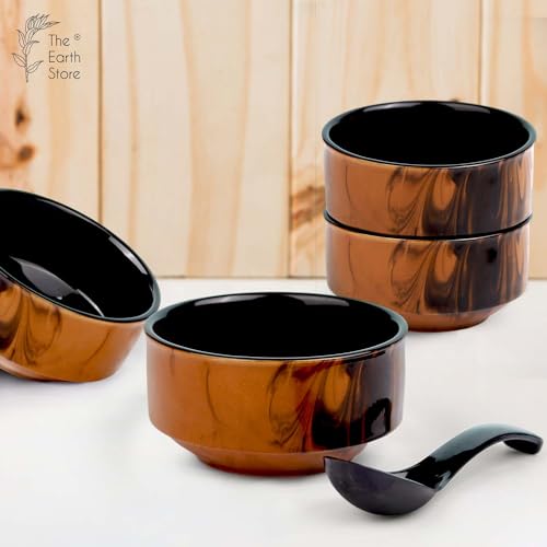 The Earth Store Handcrafted Brown & Black Italian Ceramic Soup Bowl Set of 4 with Melamine Spoon, Soup Bowls for Kitchen, Dining Table, Restaurant 320ml Each - Set of 4 - Image 2