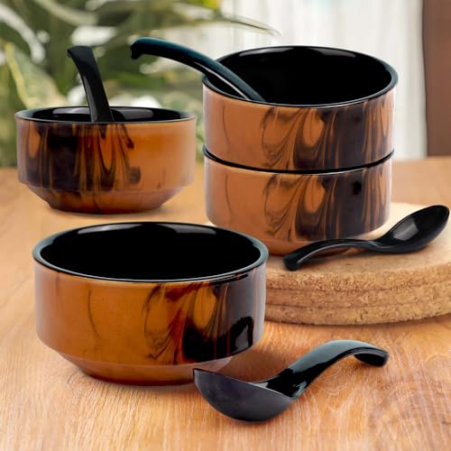 The Earth Store Handcrafted Brown & Black Italian Ceramic Soup Bowl Set of 4 with Melamine Spoon, Soup Bowls for Kitchen, Dining Table, Restaurant 320ml Each - Set of 4 - Image 1