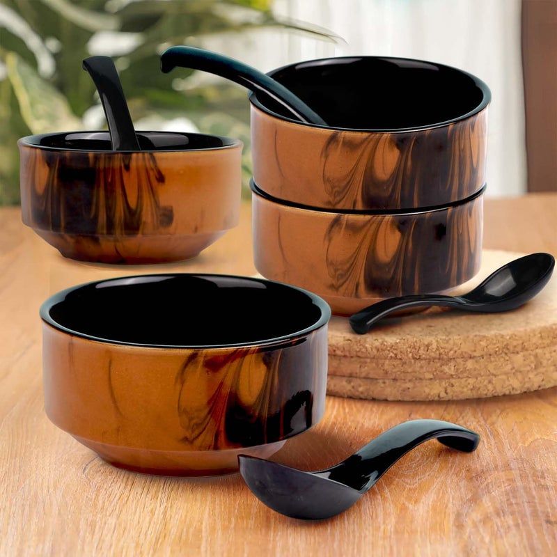 The Earth Store Handcrafted Brown & Black Italian Ceramic Soup Bowl Set of 4 with Melamine Spoon, Soup Bowls for Kitchen, Dining Table, Restaurant 320ml Each - Set of 4 - Image 5