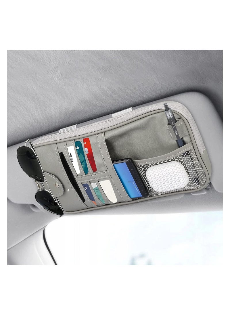 SYOSI Car Sun Visor Organizer Auto Leather Pocket Organizer Storage Pouch Registration Holder with Multi-Pocket Net Zipper for Car Truck SUV Card License Pen Key Document Sunglasses Interior  - Image 1