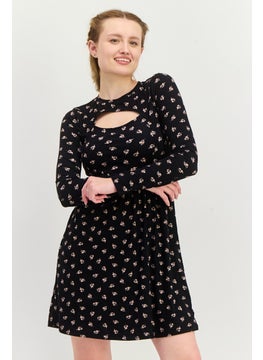 Women Floral Print Mini Dress, Black