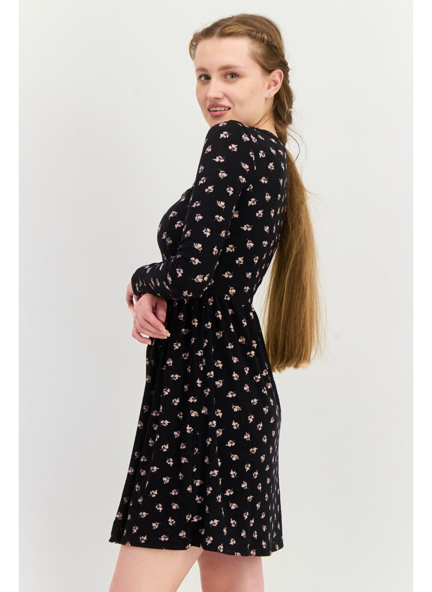 Aqua - Women Floral Print Mini Dress, Black - Image 1