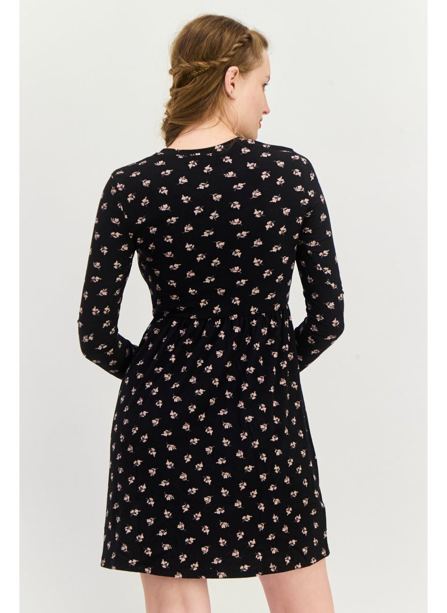 Aqua - Women Floral Print Mini Dress, Black - Image 1