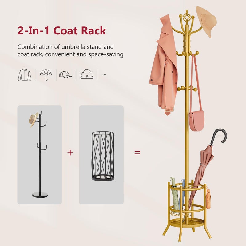 Tajsoon Coat Tree with Umbrella Holder, Coat Rack Freestanding, Coat Hangers Stand with 16 Hooks, Standing Coat Rack for Living Room, Bedroom, Office, Gold - Image 4