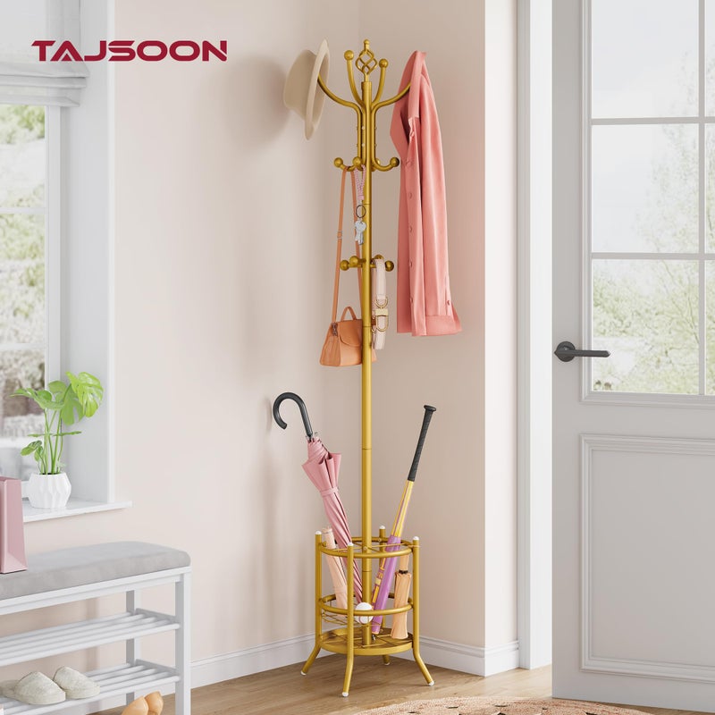 Tajsoon Coat Tree with Umbrella Holder, Coat Rack Freestanding, Coat Hangers Stand with 16 Hooks, Standing Coat Rack for Living Room, Bedroom, Office, Gold - Image 3