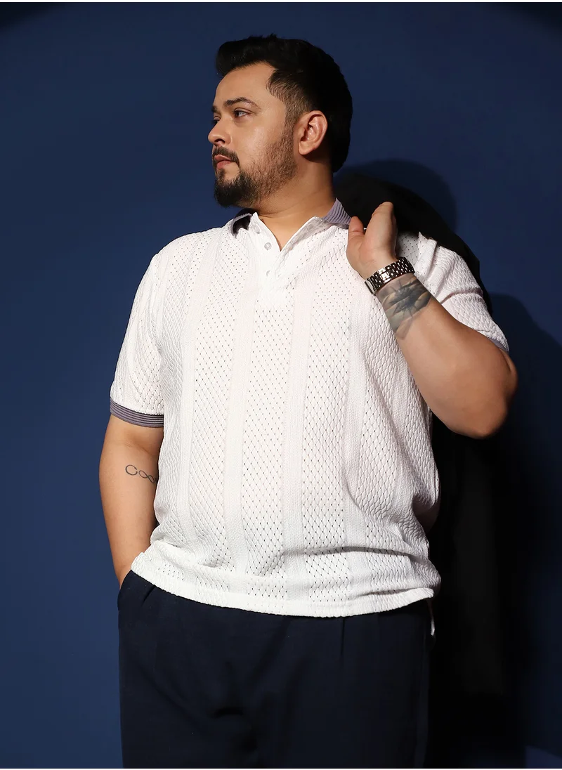 انستافاب بلس Instafab Plus Men's White & Purple Contrast Open-Knit Polo T-Shirt For Casual Wear | Polo Neck | Short Sleeves | Half-Button Closure | Plus Size T-Shirt Crafted With Comfort Fit For Everyday Wear