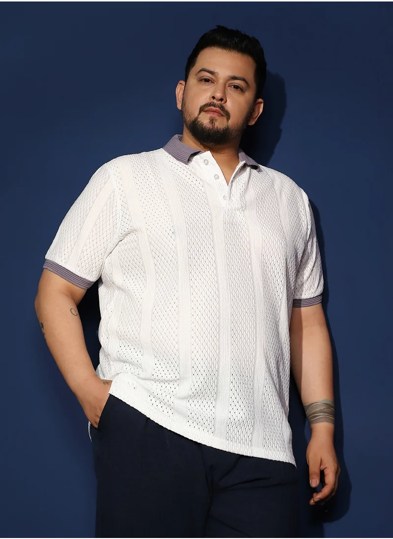 انستافاب بلس Instafab Plus Men's White & Purple Contrast Open-Knit Polo T-Shirt For Casual Wear | Polo Neck | Short Sleeves | Half-Button Closure | Plus Size T-Shirt Crafted With Comfort Fit For Everyday Wear