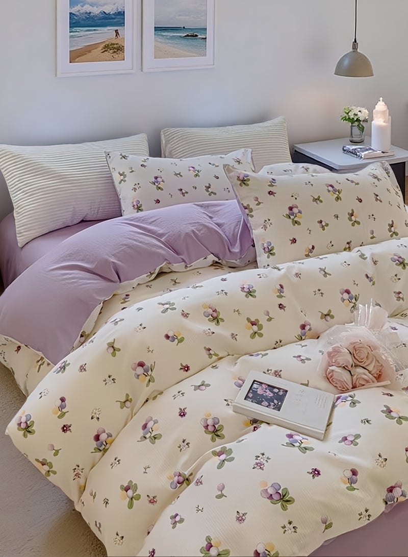 4-Piece Cotton Duvet Cover Set 200×230cm, Double/King Size Bed Linen with Bed Sheet & Pillowcases – Refreshing Purple Grape Print - Image 1