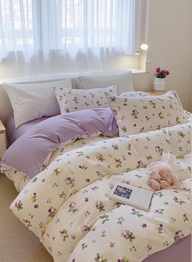 4-Piece Cotton Duvet Cover Set 200×230cm, Double/King Size Bed Linen with Bed Sheet & Pillowcases – Refreshing Purple Grape Print - Image 2