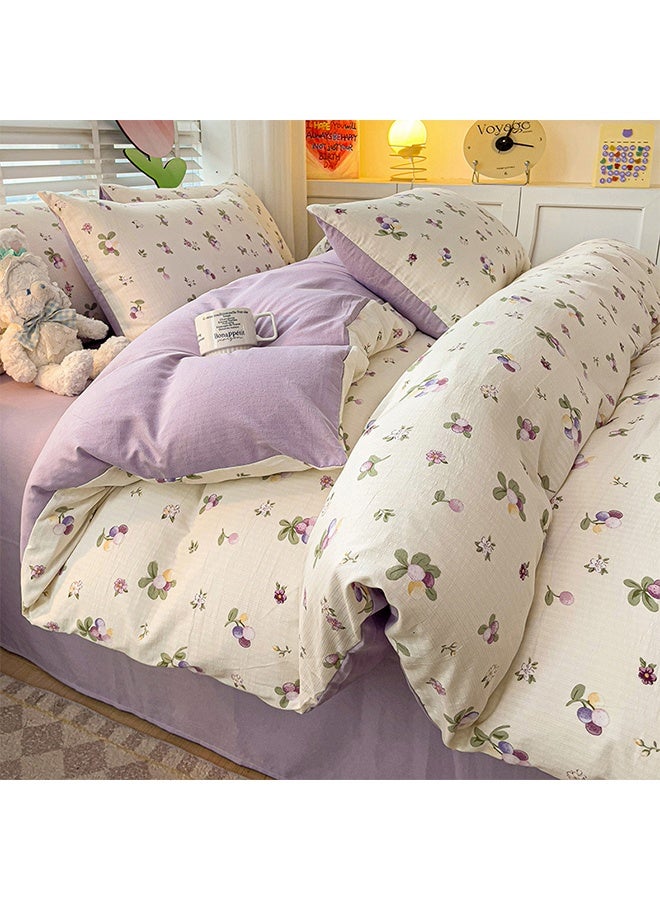 4-Piece Cotton Duvet Cover Set 200×230cm, Double/King Size Bed Linen with Bed Sheet & Pillowcases – Refreshing Purple Grape Print - Image 3