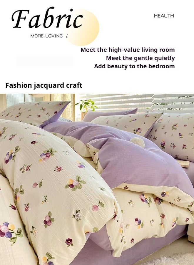 4-Piece Cotton Duvet Cover Set 200×230cm, Double/King Size Bed Linen with Bed Sheet & Pillowcases – Refreshing Purple Grape Print - Image 5