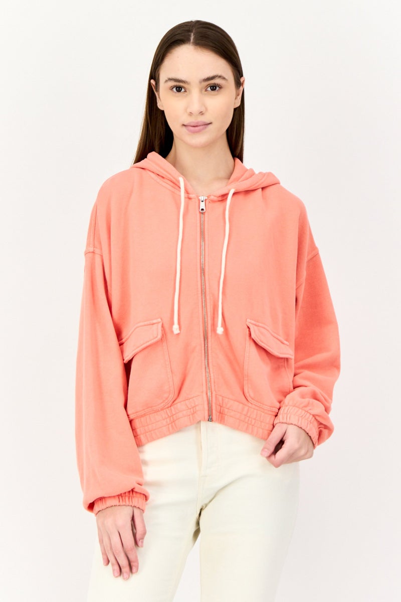 Aerie Women Hooded Full Zip Long Sleeve Sweatshirt, Orange - Image 1