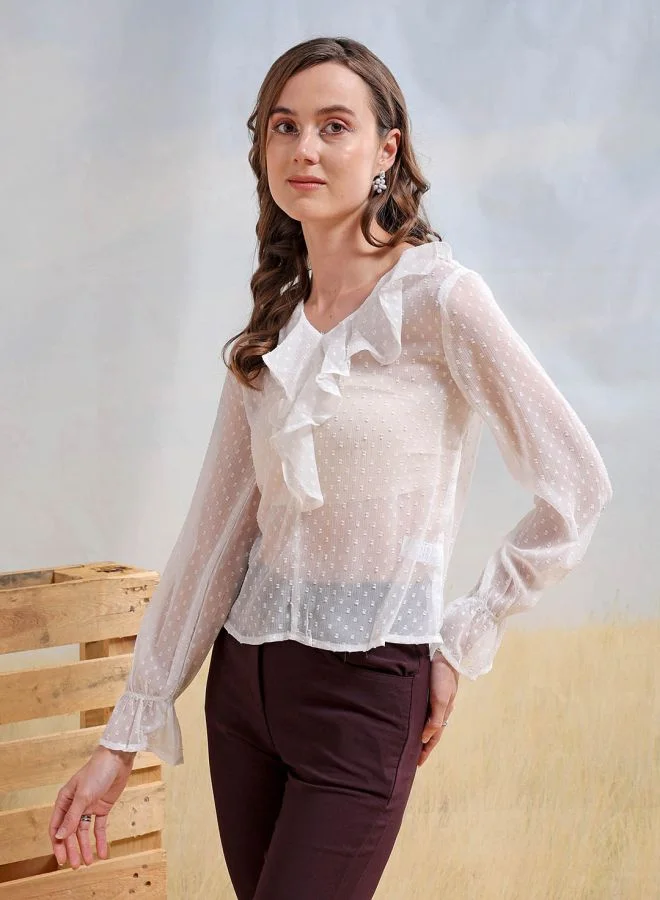 Freehand Women Regular Fit Casual Textured Ruffled Top