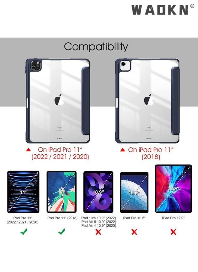Hybrid Slim Case for iPad Pro 11-inch (4th / 3rd Generation) 2022/2021 - [Built-in Pencil Holder] Shockproof Cover w/Clear Transparent Back Shell, Also Fit iPad Pro 11" 2nd Gen, with Auto Wake Blue