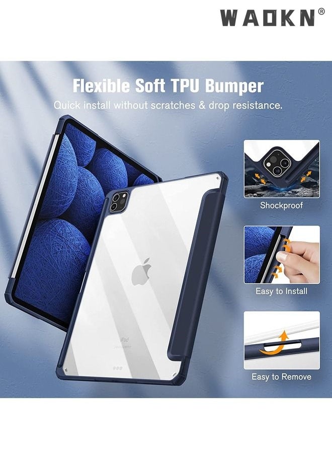 Hybrid Slim Case for iPad Pro 11-inch (4th / 3rd Generation) 2022/2021 - [Built-in Pencil Holder] Shockproof Cover w/Clear Transparent Back Shell, Also Fit iPad Pro 11" 2nd Gen, with Auto Wake Blue