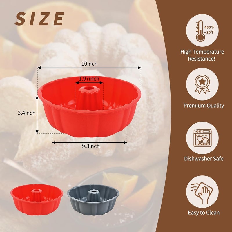 PADELE 2 Pack Silicone Bundt Cake Pan Nonstick,10 Inch, Silicone Cake Molds,Pound Cake Pan, Baking for Jello,Gelatin,Cake,Brownie and Bread (Red+Grey) - Image 2