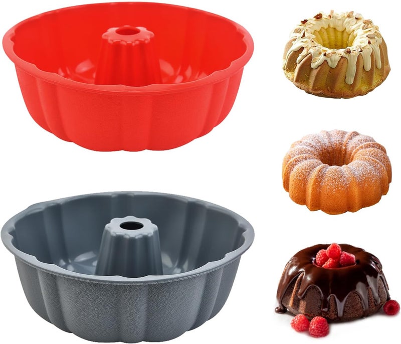 PADELE 2 Pack Silicone Bundt Cake Pan Nonstick,10 Inch, Silicone Cake Molds,Pound Cake Pan, Baking for Jello,Gelatin,Cake,Brownie and Bread (Red+Grey) - Image 1