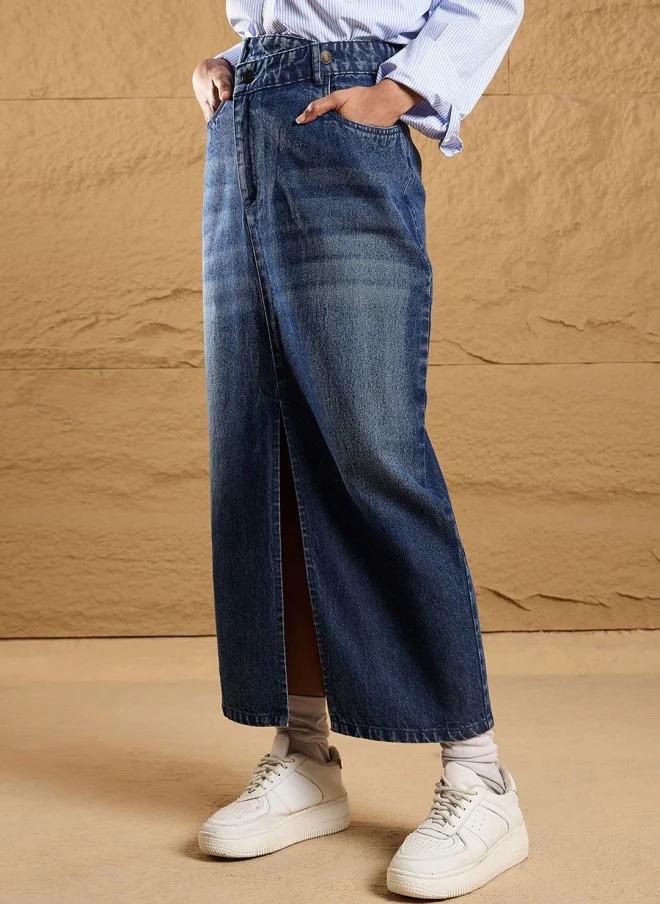 ساسافراس تنورة جينز ماكسي بفتحة أمامية للنساء