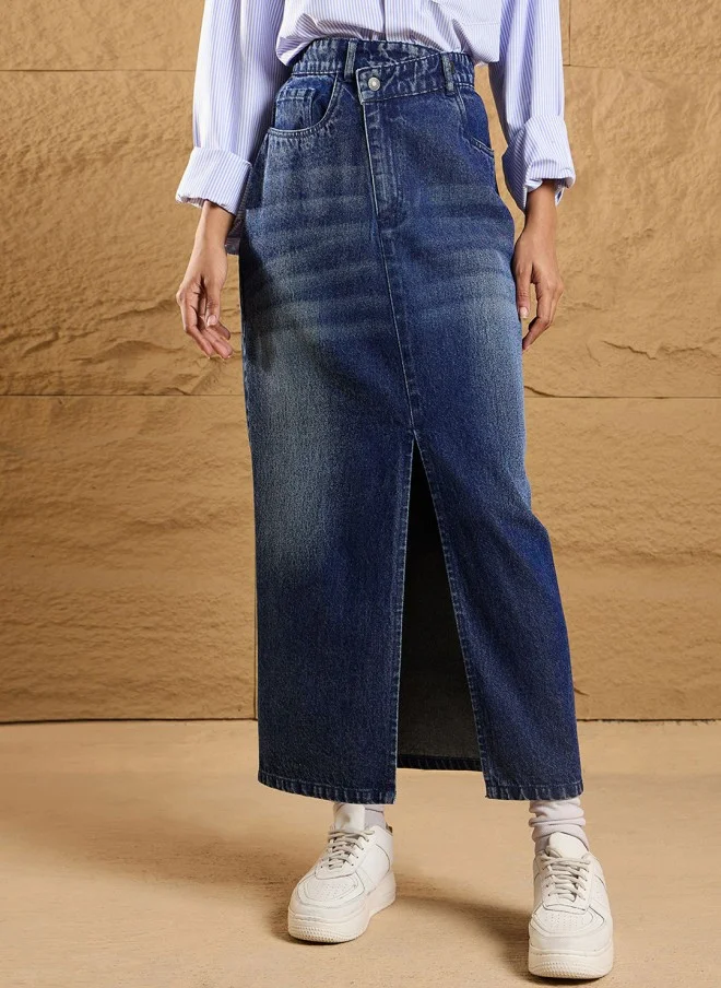 Denim Maxi Skirt With Front Slit For Women
