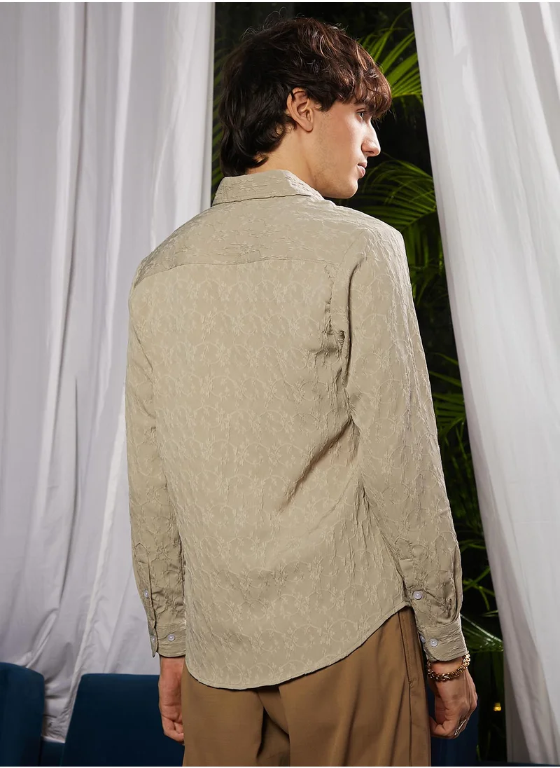 Campus Sutra Men's Khaki Beige Floral-Textured Shirt
