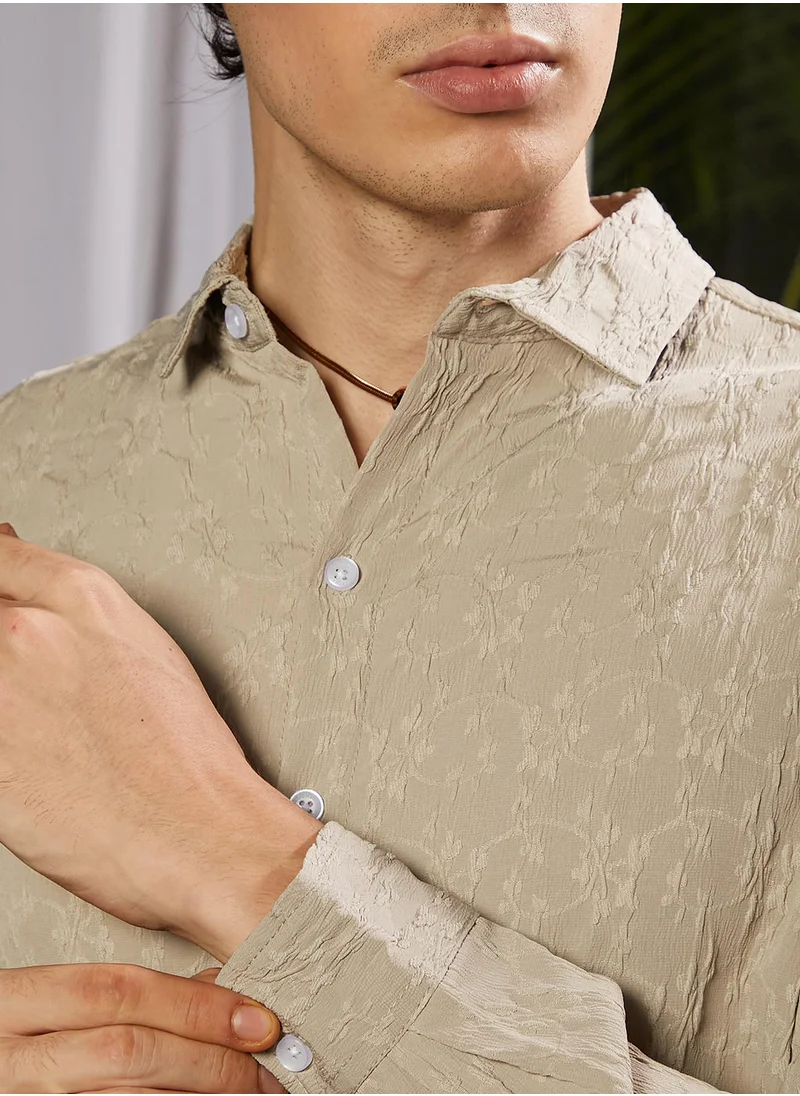 Campus Sutra Men's Khaki Beige Floral-Textured Shirt