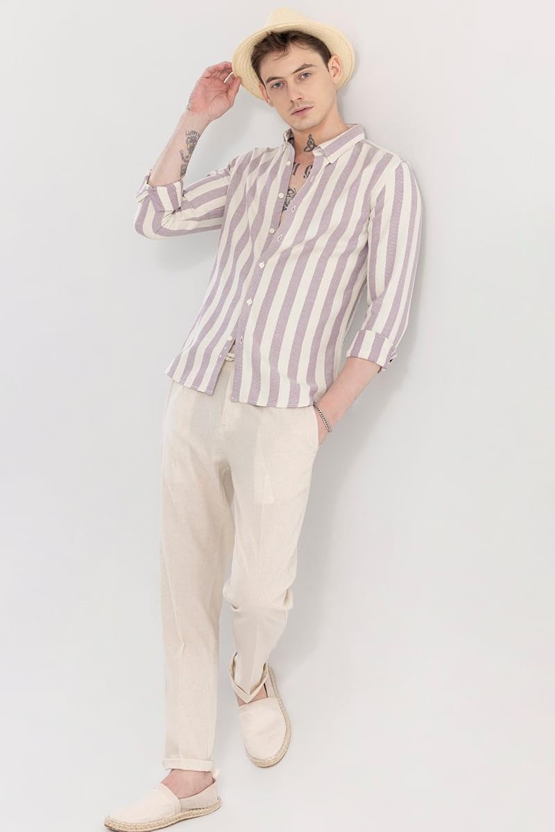 SNITCH Men's Stripes Shirts | Beach Wear| Resort Wear Streetwear Style | Cotton Blend Button Down Full Sleeve Slim Fit Lavender - Image 5