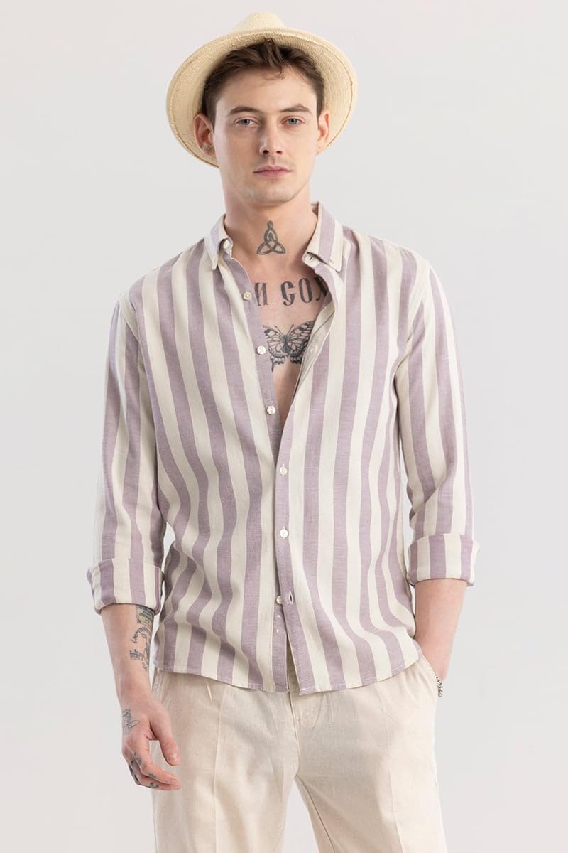 SNITCH Men's Stripes Shirts | Beach Wear| Resort Wear Streetwear Style | Cotton Blend Button Down Full Sleeve Slim Fit Lavender - Image 2