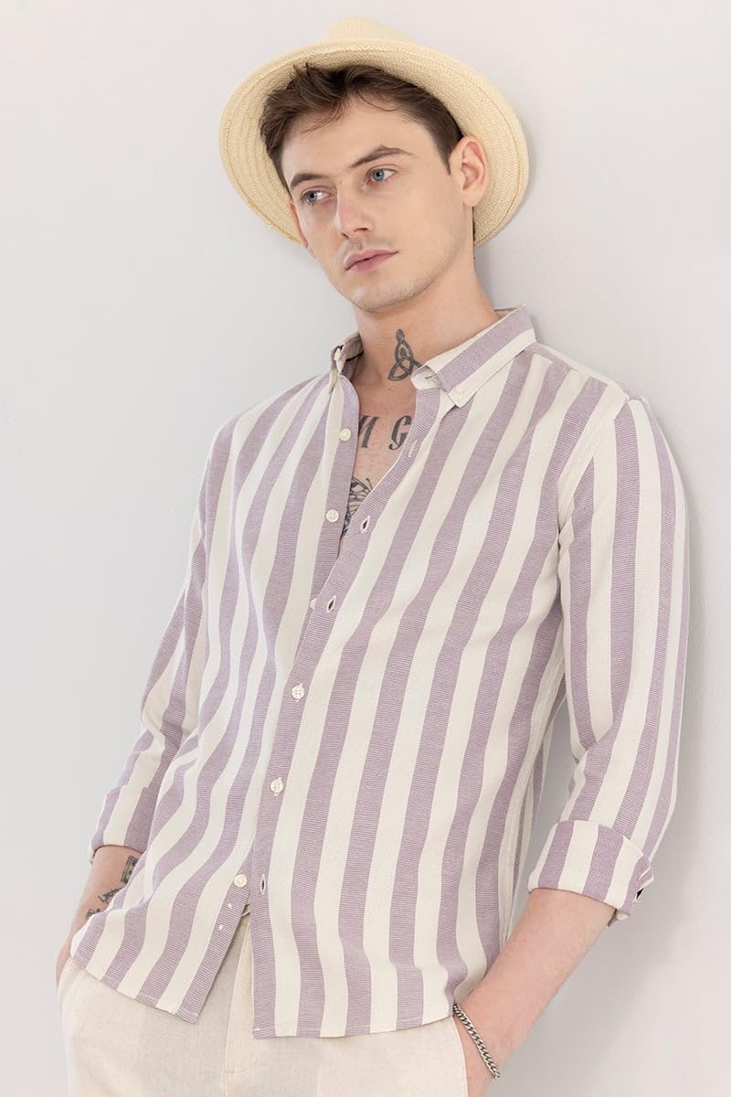 SNITCH Men's Stripes Shirts | Beach Wear| Resort Wear Streetwear Style | Cotton Blend Button Down Full Sleeve Slim Fit Lavender - Image 4