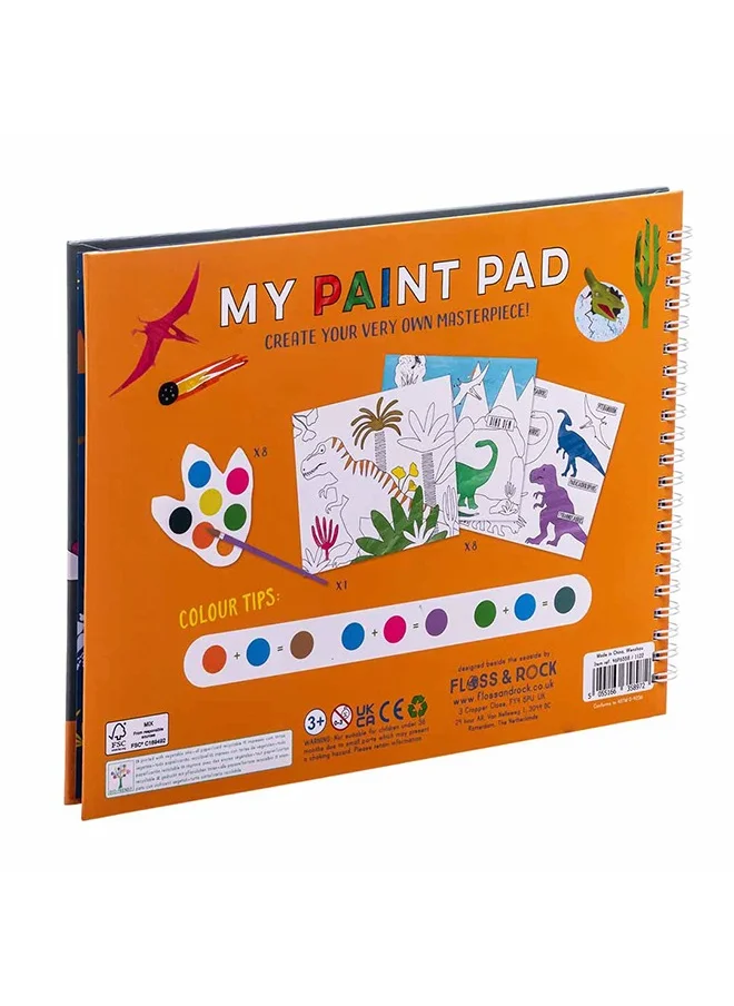 Floss & Rock Dino My Painting Pad – Kids Dinosaur Art Set | Watercolor Painting Kit with 8 Pictures, 8 Paint Palettes & 1 Brush | Craft Activity for Kids | Creative Painting Set
