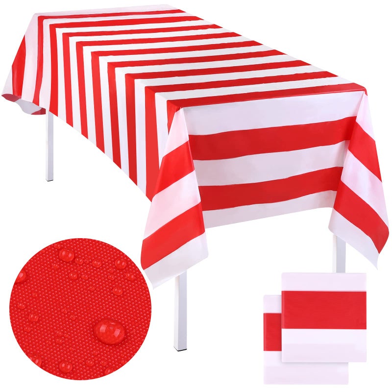Elcoho 2 Pack 54 x 107 Inch Plastic Red and White Stripes Carnival Circus Tablecloths for Movie Night Decorations Baseball Party Decorations
