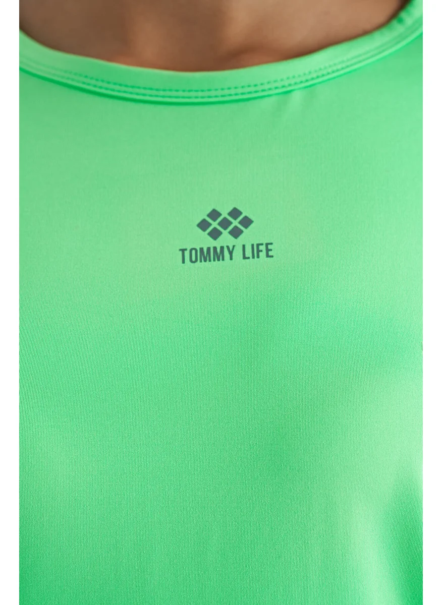 Tommy Life Neon Green O Neck Print Detail Oversize Short Sleeve Women's T-Shirt - 97263