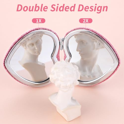 Dimeho Compact Folding Mirror Heart Shaped Magnifying Mini Vanity Mirror Portable Travel Makeup Mirror for Purse Double-Sided Cute Glitter Cosmetic Mirror for Women Home Office - Image 4