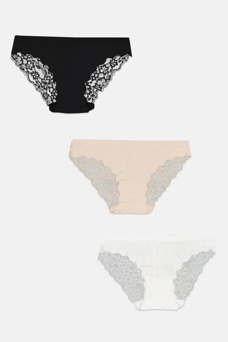 XOXO Women 3 Pieces Textured Laser Cut Brief, White/Black  - Image 2