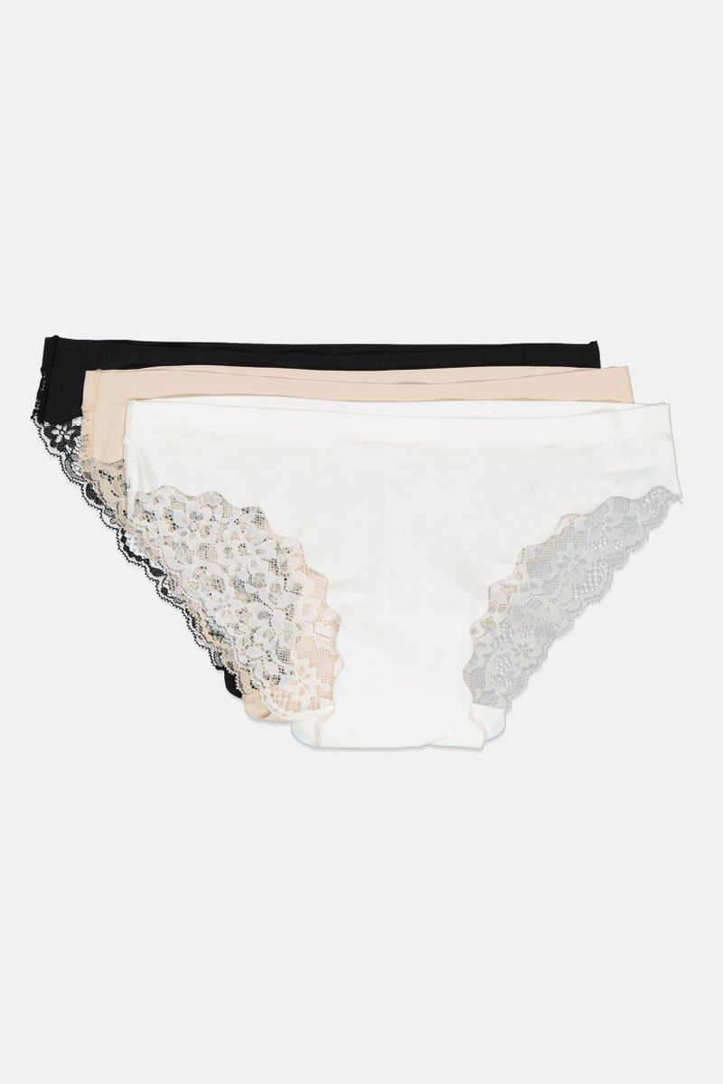 XOXO Women 3 Pieces Textured Laser Cut Brief, White/Black  - Image 3
