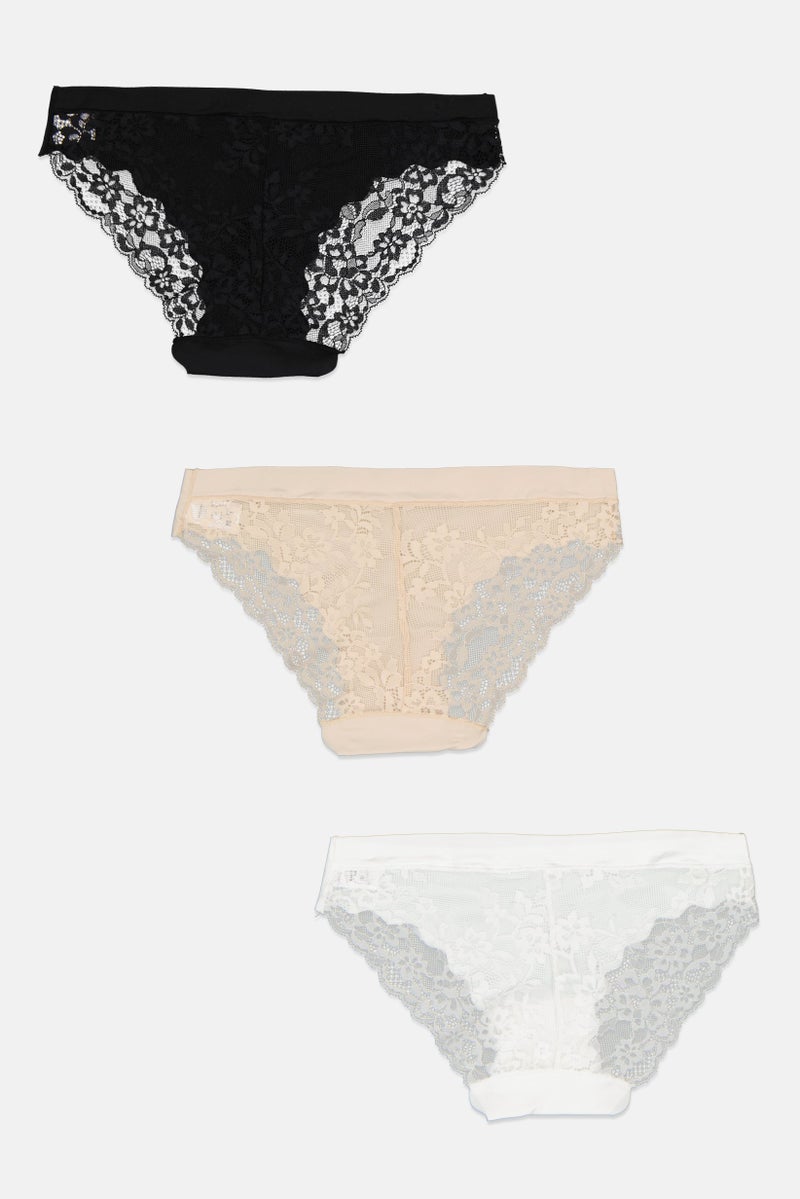 XOXO Women 3 Pieces Textured Laser Cut Brief, White/Black  - Image 1