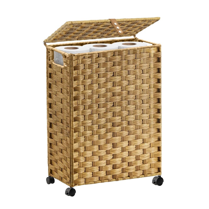 Hiagnete Toilet Paper Storage Basket with Lid and Wheels, Rattan Toilet Paper Holder Storage, Toilet Paper Organizer for Bathroom, Bedroom, Kitchen, 12.6â€L x 7.1â€W x 17.14â€H, Naturall - Image 1