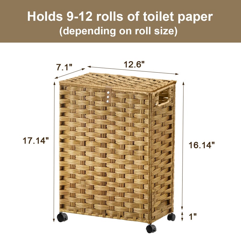 Hiagnete Toilet Paper Storage Basket with Lid and Wheels, Rattan Toilet Paper Holder Storage, Toilet Paper Organizer for Bathroom, Bedroom, Kitchen, 12.6â€L x 7.1â€W x 17.14â€H, Naturall - Image 4