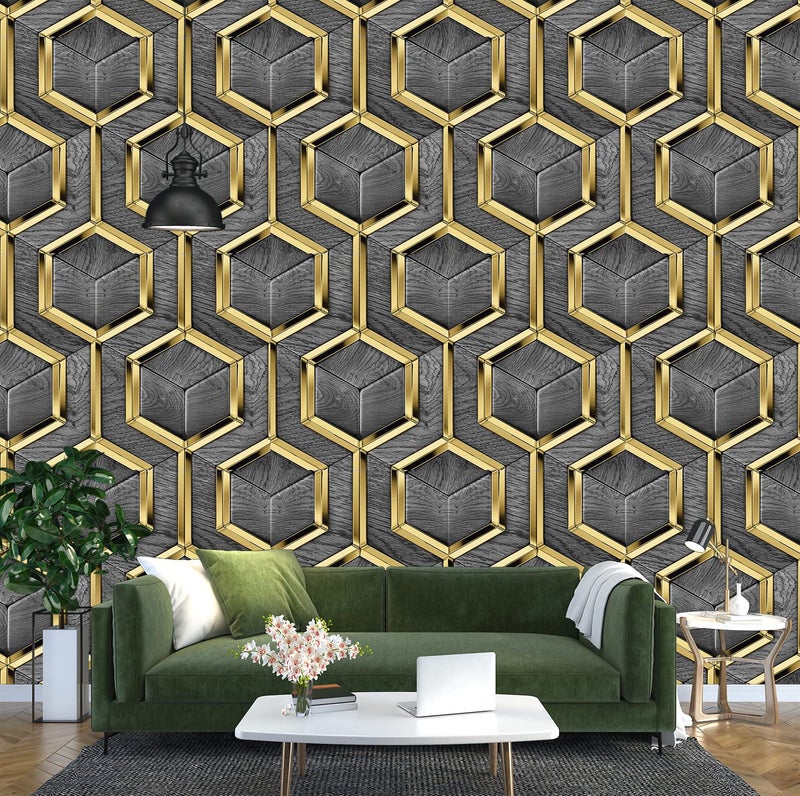 Eurotex Wall Paper for Wall Decor, Non Adhesive Wallpaper for Walls Living Room, Bedroom (53 x 1000 cm, Roll 57sqft, Grey Geometric Design) - Image 1