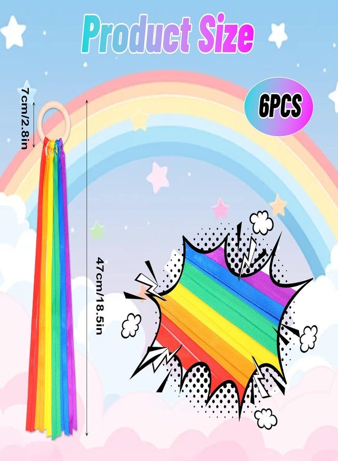 Quilax 6Pcs Rainbow Ribbon Hand Kites Set, Colorful Ribbon Hand Kite with Wooden Ring for Dance, Exercise, and Party Decorations(Bright Colors) - Image 2