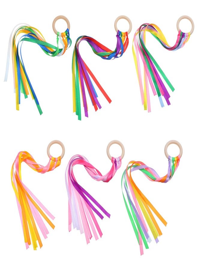 Quilax 6Pcs Rainbow Ribbon Hand Kites Set, Colorful Ribbon Hand Kite with Wooden Ring for Dance, Exercise, and Party Decorations(Bright Colors) - Image 1
