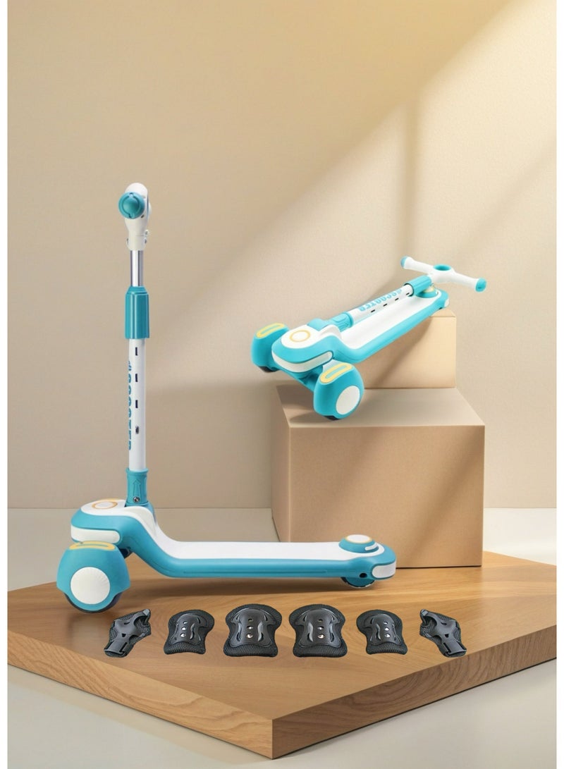 إيزي فيتشور سكوتر EASY FUTURE القابل للطي للأطفال بمقبض قابل لتعديل الارتفاع، وعجلات LED PU، وفرامل خلفية وموسيقى - مثالي للأعمار من 3 إلى 8 سنوات بما في ذلك مجموعة معدات الحماية - Image 1