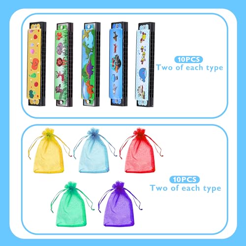 BANBALLON 10 Sets Harmonica with Organza Gift Bags Music Party Favors 16 Holes Cartoon Harmonica Musical Instrument for Musical Party Gift Kid Musical Instrument Toys (Style 3) - Image 3