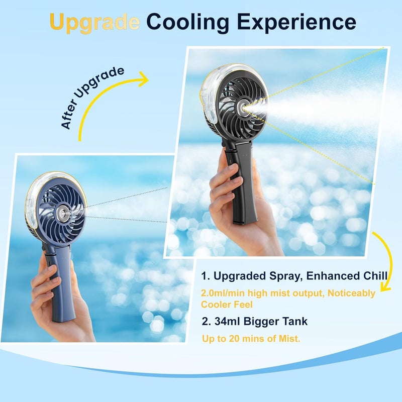 HandFan Mist Fan Portable, Battery Operated Personal Fan, USB Rechargeable Fan, Foldable with Color Nightlight, Water Mist Device, Outdoor Cooling Fan - Image 2