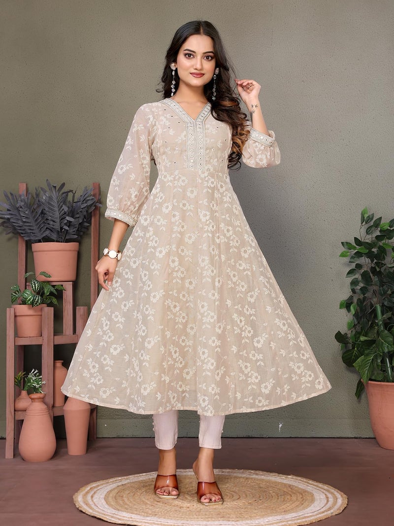 rangita Beige Chanderi Embroidered Calf Length Anarkali Kurti | Kurta for Women_L - Image 5